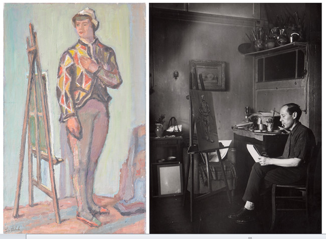 L’arlequin au chevalet, 1946 - Huile sur toile - Signée en bas à gauche - 65 x 40 cm. Le peintre dans son atelier de la rue d'Odessa. Crédit photo Eric Pineau/ D.R.
