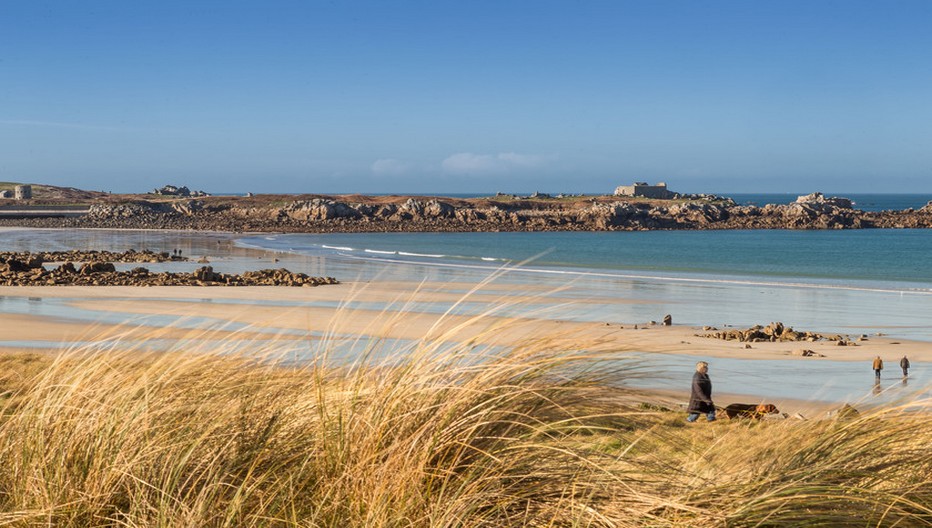 La côte Ouest dévoile des grandes plages entourées de dunes bordées d’herbes marines.  Copyright visitguernesey