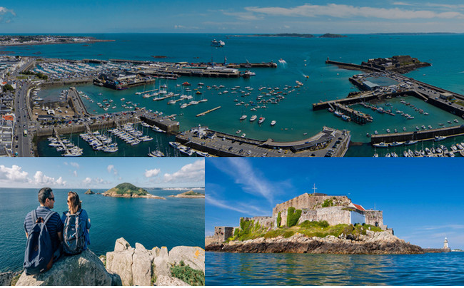 Haut : Vue aérienne de la Marina St-Peter;  En bas de gauche à droite : Diversité et attraits de l'île de Guernesey entre balades sur les sentiers côtiers, baignades et découvertes historiques. Copyright visitguernesey Haut : Vue aérienne de la Marina St-Peter;  En bas de gauche à droite : Diversité et attraits de l'île de Guernesey entre balades sur les sentiers côtiers, baignades et découvertes historiques. Copyright visitguernesey