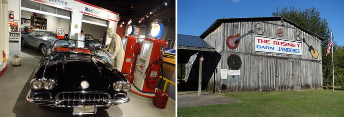 De gauche à droite : Musée Corvette;  Rosine Barn, la grange ou étaient organisées les jamborees les plus “sauvages”.© Xavier Bonnet