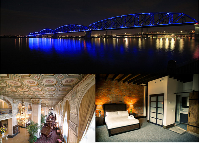 En haut : Big Four Bridge Night Shot  © Lindigomag/Pixabay; en bas de gauche à droite :  Le Brown Hotel (Louisville) et The 1857 Hotel (Paducah) © DR
