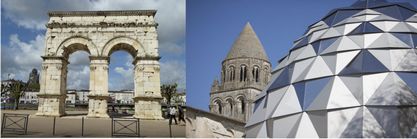 De gauche à droite : L'arc de Germanicus érigé en 18 ap. J-C. © C. Gary ; Le Carousel musical face à la tour romane de l'abbatiale Sainte Marie. Un joyeux contraste.  © Sebastien-Laval