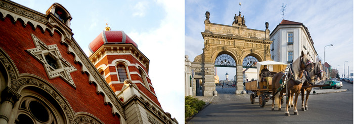 De gauche à droite : A Pilsen Détail de la grande synagogue, troisième  en taille du monde ; Arc d'honneur érigé en 1892 pour les 50 premières années de la brasserie Pilsner © C.Gary