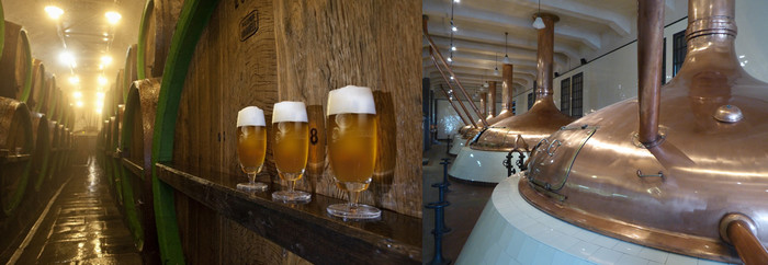 De gauche à droite : A Pilsen , Des kilomètres de souterrains ont creusé les sous sols. C'est là que mûrit la bière et Les cuves en cuivre où est brassée la fameuse bière Pilsner  © C.Gary