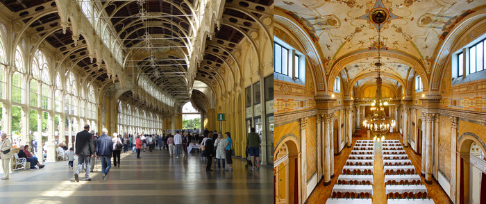 De gauche à droite :  Pour la promenade quotidienne à l’abri du soleil ou des intempéries, rien de tel que la plus vaste colonnade de Tchéquie ;  Sous les ors du Casino des concerts ont lieu toute l'année  © C.Gary