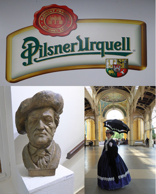 En haut : La bière emblématque nationale et internationale C.G.; En bas de gauche à droite : Marienbad Buste de Gothe dans la maison où il séjourné. C.G. Jolie femme en costume d'époque à Marienbad en promenade dans la colonnade © www.czechtourism.com et C.Gary En haut : La bière emblématque nationale et internationale C.G.; En bas de gauche à droite : Marienbad Buste de Gothe dans la maison où il séjourné. C.G. Jolie femme en costume d'époque à Marienbad en promenade dans la colonnade © www.czechtourism.com et C.Gary