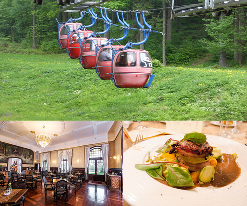 En haut : MarienbadFinuculaire pour une balade dans la forêt ; De gauche à droite : Restaurant le Rubezhal à Marienbad et l'un des ses plats raffinés © www.czechtourism.com et C.Gary