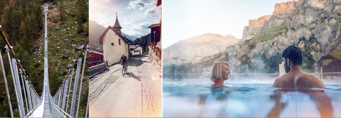 De gauche à droite : Un tout nouveau circuit pédestre, partant de Randa jusqu’au pont s'ouvre pour la saison estivale de cette année, menant entre forêts d’arolles et points panoramiques.©Valentin Flauraud _; Le Valais une destination idéale pour profiter en famille des nombreuses activités sportives. © Frédéric Huber et David Carlier