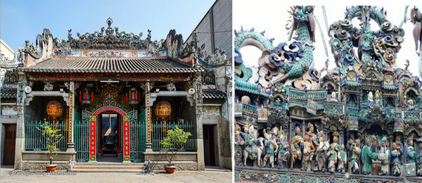 De gauche à droite : Temple de Thien Hau, la déesse de la mer. © DR; Statues en céramique émaillée sur le toit du Temple Thiên Hậu © DR