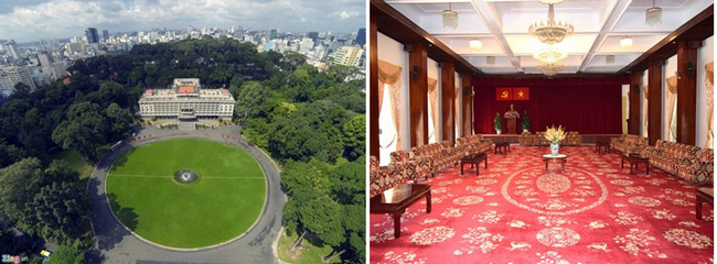 De gauche à droite ; Vue générale du Palais de la Réunification © lindigomag/Pixabay ; Grande salle de réception à l'intérieur du Palais © Lindigomag/Pixabay De gauche à droite ; Vue générale du Palais de la Réunification © lindigomag/Pixabay ; Grande salle de réception à l'intérieur du Palais © Lindigomag/Pixabay