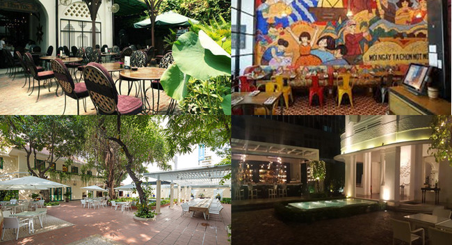De gauche à droite :Restaurant Hoa Tuc © DR; Restaurant Propaganda © DR; En bas de gauche à droite : Le restaurant en plein air du restaurant Cochinchine-Saïgon Le Cochinchine © Cochinchine-Saïgon; Jardin du Ly Club © DR