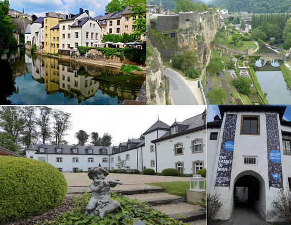 En haut de gauche à droite : Vieille ville © Roman Schonfeld ; Vue sur les Casemates dans la falaise. C.Gary.; En bas de gauche à droite : Château d’Urspelt hôtel C.G.; Entrée Family of man Château de Clervaux . @ DR