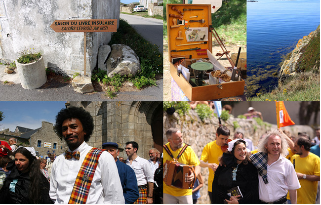 Le Salon International du Livre à Ouessant dans tous ses états. Les auteurs Johary Ravaloson et Henry Lebal en kilt lors du traditionnel défilé d'ouverture du salon.  @ David Raynal