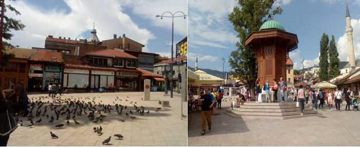 De gauche à droite : La Place Sebilj au cœur du Bascarsija © FS; La célèbre Fontaine Sebilj, construite en 1891, emblème de Sarajevo © FS De gauche à droite : La Place Sebilj au cœur du Bascarsija © FS; La célèbre Fontaine Sebilj, construite en 1891, emblème de Sarajevo © FS