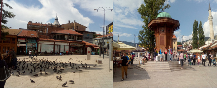 De gauche à droite : La Place Sebilj au cœur du Bascarsija © FS; La célèbre Fontaine Sebilj, construite en 1891, emblème de Sarajevo © FS