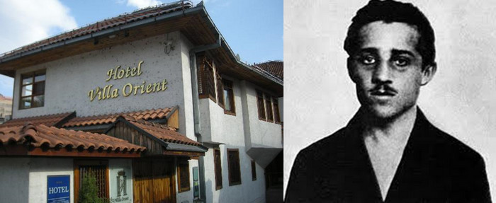 De gauche à droite : Emplacement de la maison de Gavrilo Princip. La demeure a été rasée après l’attentat. C’est aujourd’hui l’Hôtel Villa Orient © DR; : Gavrilo Princip, l’auteur de l’attentat qui coûta la vie à l’Archiduc et à  son épouse © Wikipédia