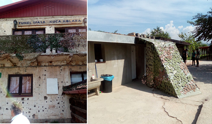 de gauche à droite : : Maison du Tunnel. Le fameux Tunnel de Sarajevo avait son entrée dans la cour de cette maison, criblée de balles lors des affrontements © FS; Entrée du Tunnel de Sarajevo © FS