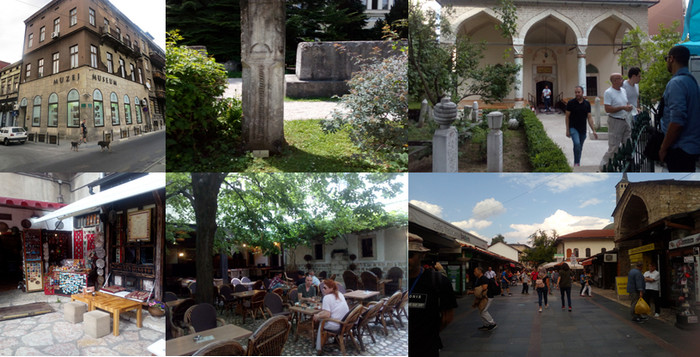 1/ Musée d'Histoire de Sarajevo ; Les jardins du Musée.Stèle et sarcophage; Mosquée du Vieux quartier; '4/ Echoppe du Vieux quartier, 5/Asseyez-vous sous  les ombrages pour déguster un café turc; 6/ Rue commerçante du Vieux quartier ottoman, le Bascarsija. @ toutes les photos F.Surcouf