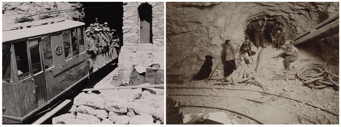 De gauche à droite : Départ sur le chantier et Chantier de percement dans l'Eiger. @ DR De gauche à droite : Départ sur le chantier et Chantier de percement dans l'Eiger. @ DR