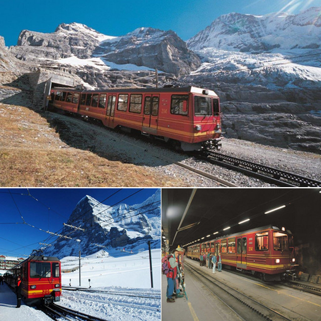 En haut : l’entrée du tunnel (7,11 km) dans l’Eiger @ DR; En bas de gauche à droite : Kleine Schedegg et l'Eiger et la gare terminale au jungfraujoch. @ DR En haut : l’entrée du tunnel (7,11 km) dans l’Eiger @ DR; En bas de gauche à droite : Kleine Schedegg et l'Eiger et la gare terminale au jungfraujoch. @ DR