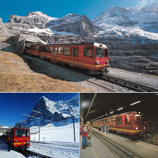 En haut : l’entrée du tunnel (7,11 km) dans l’Eiger @ DR; En bas de gauche à droite :  Kleine Schedegg et l'Eiger et la gare terminale au jungfraujoch. @ DR