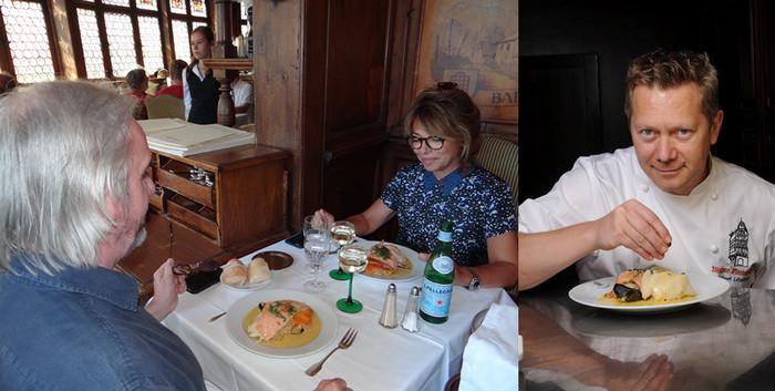 De gauche à droite : Les clients se pressent pour déjeuner ou dîner dans un cadre hors du commun. ©Bertrand Munier; ) Hubert Lépine, l’actuel chef de cuisine de ce haut-lieu féerique et gastronomique strasbourgeois. ©Maison Kammerzell