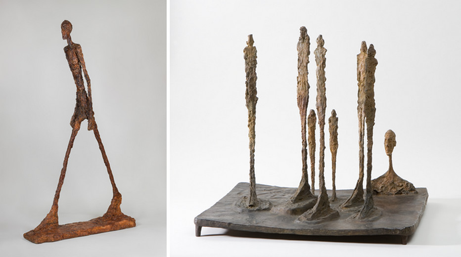 1. - Homme qui marche 1960Copyright Succession Alberto Giacometti ; 2- La Forêt 1950 Copyright Succession Alberto Giacometti.