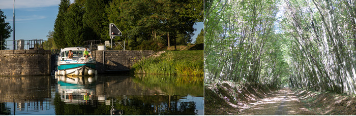 De gauche à droite : L'écluse du port de la Jonction permet de rejoindre le canal du Nivernais ; Balade à pied ou en 2 roues sous les grands arbres de la voie verte Copyright C.Gary