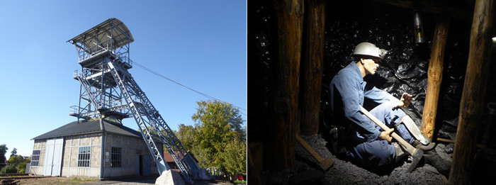 De gauche à droite : Ancienne line de La Machine , Copyright C.Gary; Reconstitution du dur métier des mineurs le long des sombres boyaux, à 690 mètres sous terre , Copyright C.Gary