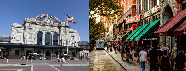 De gauche à droite :  L'Union Station de Denver transformée en salle de spectacles et d'évènements et la célèbre rue 16th Street Mall; Copyright Xavier Bonnet et DR