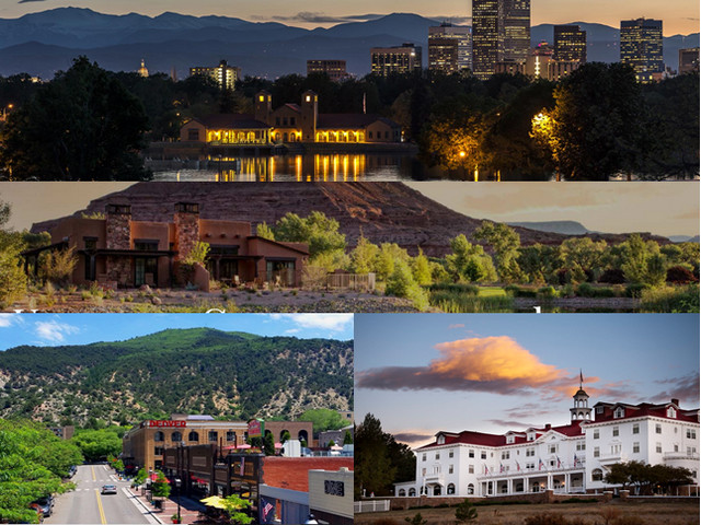 En haut : Vue sur Kimpton Hotel Born (Denver) , Gateway Canyons Resort & Spa (Gateway) .Copyright DR; En bas de gauche à droite : Hotel Denver (Glenwood Springs et Le célèbre Stanley Hotel. Copyright DR