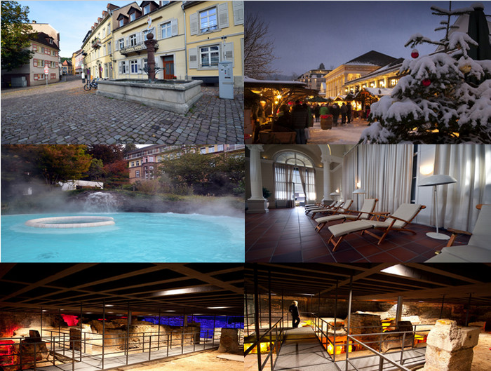 de gauche à droite centre ville de Baden-Baden © David Raynal, Marché de Noël, © DR, Les thermes de Caracalla et de Freidrichs © David Raynal, Les vestiges des thermes romains © DR de gauche à droite centre ville de Baden-Baden © David Raynal, Marché de Noël, © DR, Les thermes de Caracalla et de Freidrichs © David Raynal, Les vestiges des thermes romains © DR