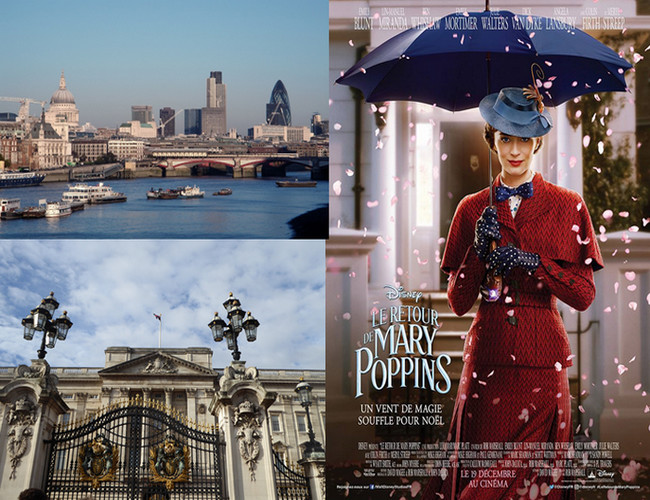 Londres  © O.T. England et Affiche du film "le retour de Mary Poppins" , sortie 19 décembre.  ©2018 Disney Londres  © O.T. England et Affiche du film "le retour de Mary Poppins" , sortie 19 décembre.  ©2018 Disney