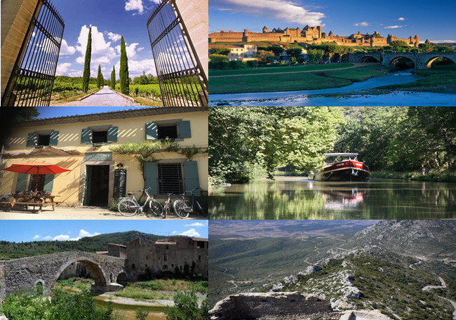 En haut de gauche à droite : La porte majestueuse qui ouvre sur les vignobles de Foncalieu . @ DR; La belle cité de Carcassonne @ OT Aude; Deuxième rang de gauche à droite : Maison au bord du Canal du Midi et promenade en bateau sur le célèbre Canal ; @ OT Canal du Midi; Troisième rang de gauche à droite : Un village dans le Massif des Corbières et l'étendue de ce massif avec ses petites chemins propices à la randonnée et à la découverte des vignobles. @ OT Corbières. En haut de gauche à droite : La porte majestueuse qui ouvre sur les vignobles de Foncalieu . @ DR; La belle cité de Carcassonne @ OT Aude; Deuxième rang de gauche à droite : Maison au bord du Canal du Midi et promenade en bateau sur le célèbre Canal ; @ OT Canal du Midi; Troisième rang de gauche à droite : Un village dans le Massif des Corbières et l'étendue de ce massif avec ses petites chemins propices à la randonnée et à la découverte des vignobles. @ OT Corbières.