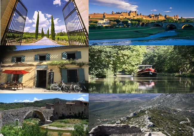 En haut de gauche à droite : La porte majestueuse qui ouvre sur les vignobles de Foncalieu . @ DR; La belle cité de Carcassonne @ OT Aude; Deuxième rang de gauche à droite : Maison au bord du Canal du Midi et promenade en bateau sur le célèbre Canal ; @ OT Canal du Midi; Troisième rang de gauche à droite : Un village dans le Massif des Corbières et l'étendue de ce massif avec ses petites chemins propices à la randonnée et à la découverte des vignobles. @ OT Corbières.