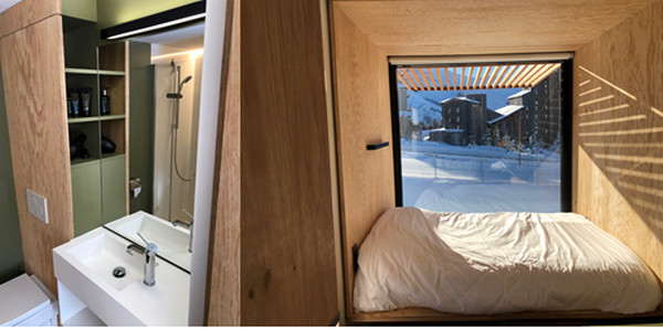 Un concept dû au designer  Ora-ito -  -   un hébergement de 13m2 réunissant un lit double, une salle de bains, une table de nuit et quelques rangements.@ X.Bonnet