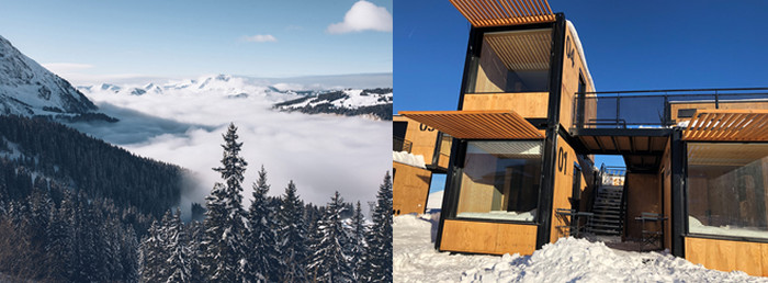 Posés littéralement aux pieds des pistes d’Avoriaz 1800 (photo de gauche), les cinq containers Flying Nest, numérotés chacun de 1 à 5 et disposés sur deux niveaux. @ DR et X.Bonnet