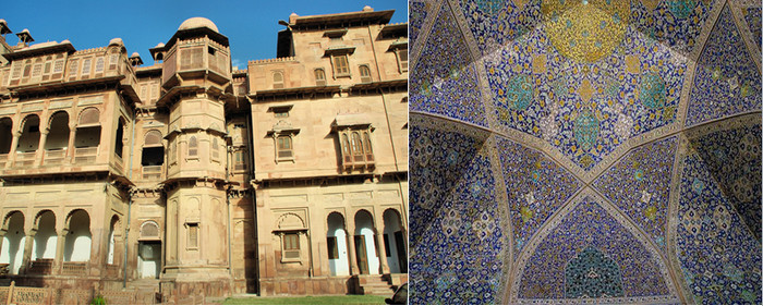 De gauche à droite : Jaisalmer (Inde) On la surnomme parfois « la ville jaune » à cause de son grès prenant des reflets jaunes à certaines heures de la journée; Kashan (Iran) doit son nom à la céramique « kashi » produite au Moyen-Âge.@ Pixabay
