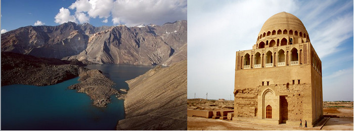De gauche à droite : Les montagnes du massif du Pamir (Tadjikistan). Passage obligé pour les marchands venant des routes du sud ou du nord. @ Pixabay;  A Merv (Turkménistan) mausolée du Sultan Sandjar @ Pixabay