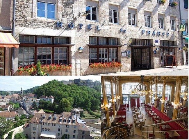 De gauche à droite : Hôtel de France à Ornans @ Hôtel de France; Vue d'ensemble de l'Hôtel La  Sauvage @www.hotel-lesauvage.com, La grande salle de La Brasserie du Commerce à Besançon. @ DR De gauche à droite : Hôtel de France à Ornans @ Hôtel de France; Vue d'ensemble de l'Hôtel La  Sauvage @www.hotel-lesauvage.com, La grande salle de La Brasserie du Commerce à Besançon. @ DR