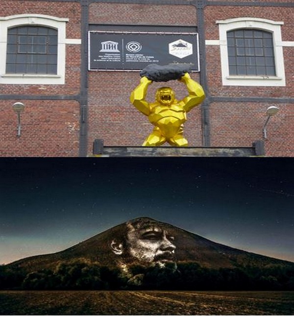 De haut en bas  : Sur les site 9-9 bis. @ C.gary ;  Conçues par l’artiste Clément Lesaffre, des projections de visages des anciens mineurs et des nouvelles générations sur les écrans noirs formés par les terrils. @ Louvre-Lens