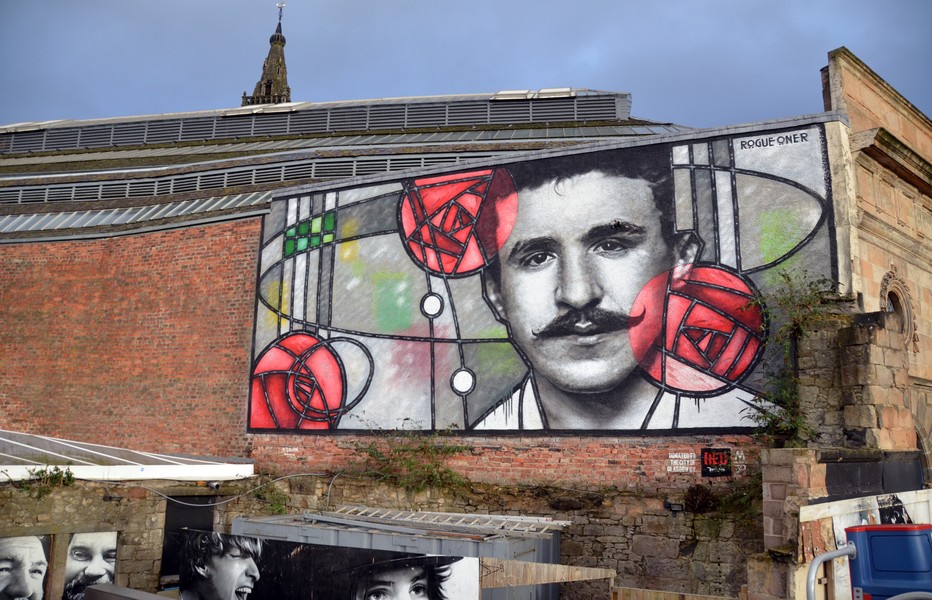 Fresque murale qui représente l'architecte Charles Rennie Mackintosh. Crédit photo David Raynal Fresque murale qui représente l'architecte Charles Rennie Mackintosh. Crédit photo David Raynal