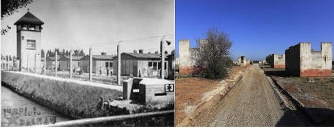 De gauche à droite : Photo d'archives du camp de Rivesaltes  avant et  photo des vestiges aujourd'hui.  @ wikipedia