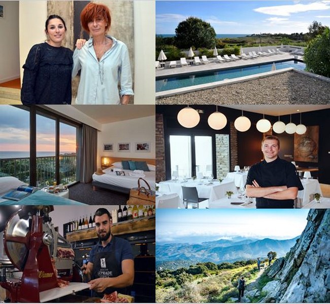 En haut de gauche à droite : Argeles  Grand Hôtel du Golfe avec Caroline et  Marie Jaume @David_Raynal; Vue depuis la chambre prestige du Grand  l'Hôtel du Golfe @ David Raynal; au milieu de gauche à droite : Chambre Prestige au Grand Hôtel du Golfe et  Gerald Desmullier chef du restaurant collioure argeles au Grand Hôtel du Golfe @ David Raynal. En bas de gauche : Argeles : Cave Deprade @David Raynal; ; Randonnée sur les chemins menant à la Tour Massane.  @DR