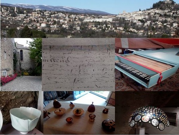 1/ Vue d'ensemble de Forcalquier @ Wikipedia, 2/Eglise de Lurs @ F.Surcouf, 3/ Manuscrit restauré au Garage- @ F. Surcouf  4/ L'un des clavecins en voie de restauration chez Thomas Murach Au Pin Lyre- @ F. Surcouf, 5/  bol signé Sylvie Hooghe-@ F. Surcouf , 6/Quelques oeuvres sur bois d'Isabelle Martin-@ F. Surcouf, 7/  Vitrails et luminaires chez Ans Barillé- @ F. Surcouf 1/ Vue d'ensemble de Forcalquier @ Wikipedia, 2/Eglise de Lurs @ F.Surcouf, 3/ Manuscrit restauré au Garage- @ F. Surcouf  4/ L'un des clavecins en voie de restauration chez Thomas Murach Au Pin Lyre- @ F. Surcouf, 5/  bol signé Sylvie Hooghe-@ F. Surcouf , 6/Quelques oeuvres sur bois d'Isabelle Martin-@ F. Surcouf, 7/  Vitrails et luminaires chez Ans Barillé- @ F. Surcouf
