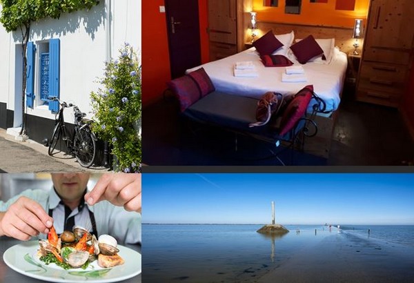 Jolies maisons,hôtel *** à l'Hôtel de la Chaize,, repas de crustacés  chez Freddy Ouvrard et mer bleueau passage de Gois. @ C. Gary et Hôtel de La Chaize.
