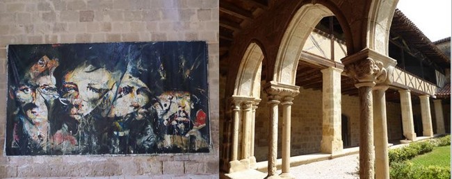De gauche à droite : Exposition Jean-Paul Chambas à l'abbaye de Flaran. @ C. Gary et Le cloître de l'abbaye de Flaran ou expose l'artiste. @ C.Gary