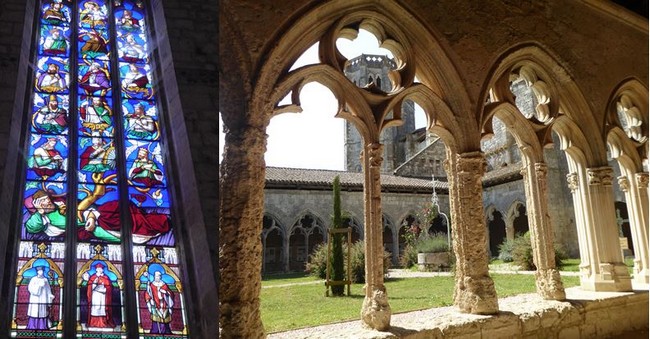 Vitrail représentant l'arbre de Jessé Collégiale Saint-Pierre de La Romieu. @ C. Gary et Le cloître jadis incendié de la collégiale Saint-Pierre à La Romieu. @ C.Gary