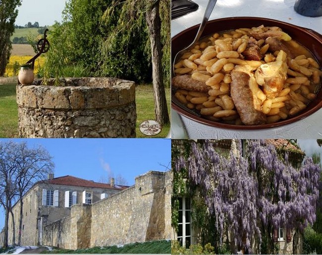 Le jardin de la Ferme Terre Blanche. @ DR; Cassoulet plat emblématique ! @ Stéphanie Lemasson ; Le Château Montluc à St-Puy. @ DR et les  Jardins de Coursiana.. @ DR