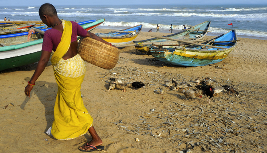 Femme au retour de la pêche dans le village de  Chandrabhaga près de Konarak